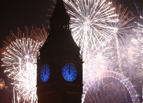 LONDON Fireworks light up Big Ben just after midnight. Thousands of people bought tickets to stand on the banks of the River Thames near Parliament to celebrate the start of 2016