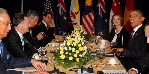 New Zealand Prime Minister John Key with other leaders at a Trans Pacific Partnership leaders meeting