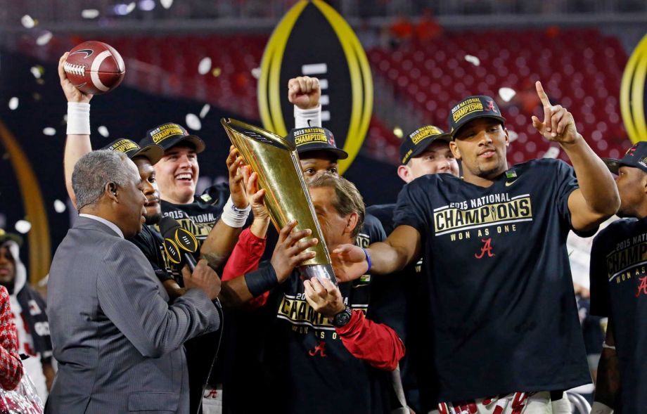 Alabama head coach Nick Saban and players celebrate after the NCAA college football playoff championship game against Clemson Monday Jan. 11 2016 in Glendale Ariz. Alabama won 45-40. MARICOPA COUNTY OUT