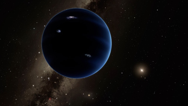 This artist's rendering shows the distant view from Planet Nine back towards the sun. The planet is thought to be gaseous similar to Uranus and Neptune. Hypothetical lightning lights up the night side