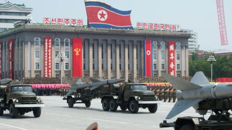 North Korean missiles are displayed during a military parade past Kim Il Sung square in Pyongyang