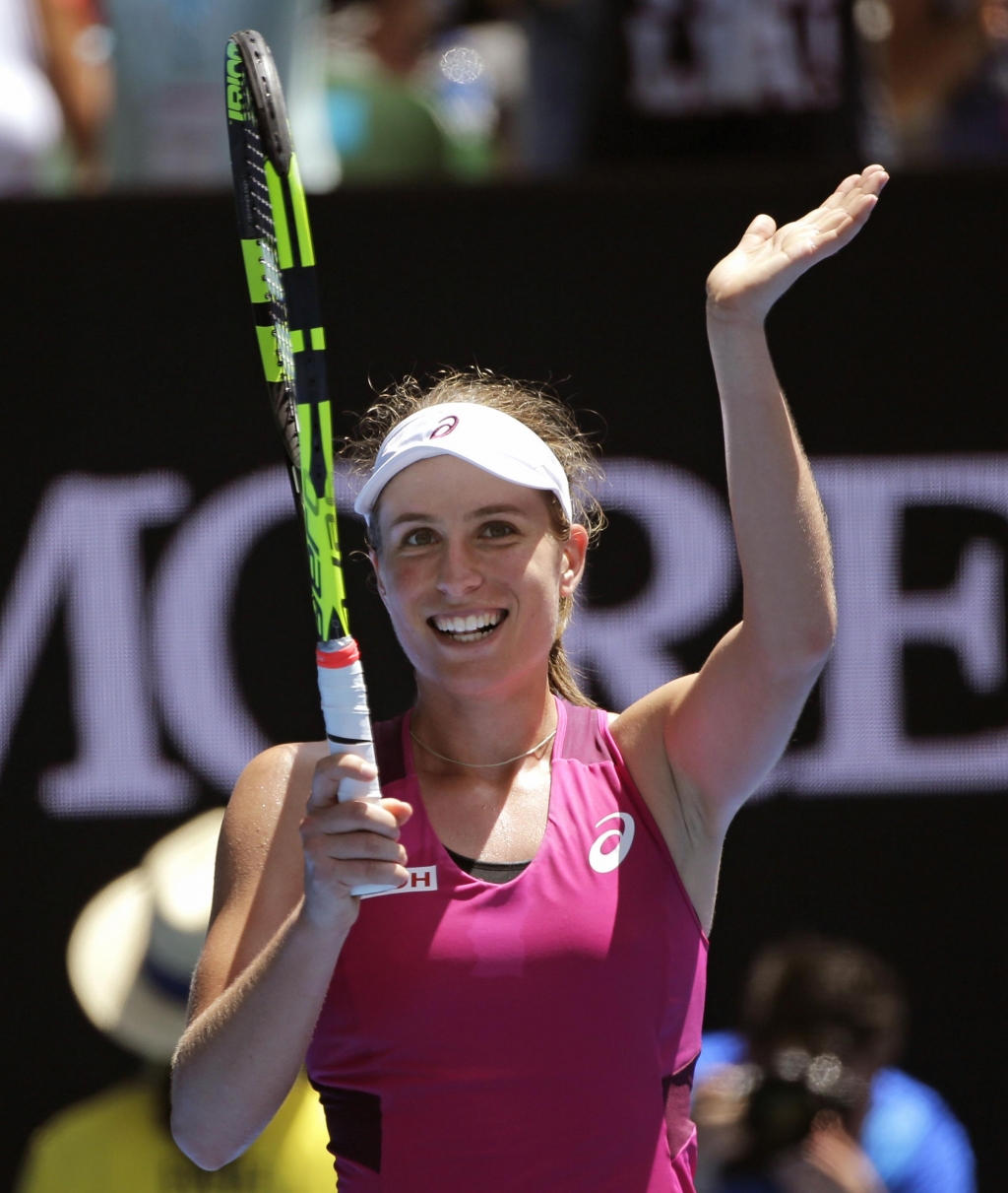 Johanna Konta of Britain celebrates after defeating Venus Williams of the United States in their first round match at the Australian Open tennis championships in Melbourne Australia Tuesday Jan. 19 2016