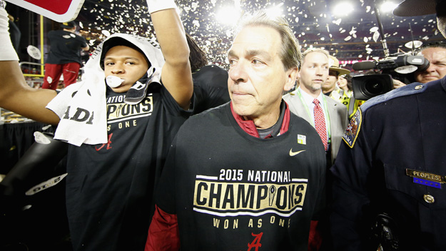 Alabama coach Nick Saban celebrates after defeating the Clemson Tigers in the national championship game on Jan. 11 2016