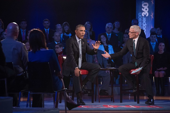 US President Barack Obama speaks at a town hall meeting with CNN's Anderson Cooper on reducing gun violence at George Mason University in Fairfax Virginia