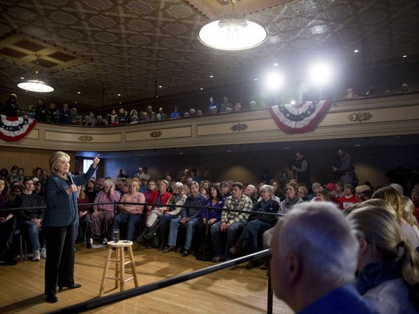 Democratic presidential candidate Hillary Clinton speaks at a rally at the Steyer Opera House at Hotel Winneshiek in Decorah Iowa Tuesday Jan. 26 2016