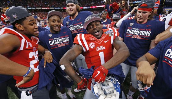 Laquon Treadwell celebrates after their victory over Oklahoma State in the Sugar Bowl college football game in New Orleans Friday Jan. 1 2016. Mississippi won 48-20