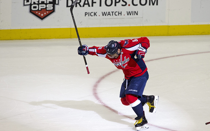 Washington Capitals left wing Alex Ovechkin celebrates just after scoring his 500th career goal during the second period of a NHL hockey game against the Ottawa Senators in Washington D.C. Sunday Jan. 10 2016