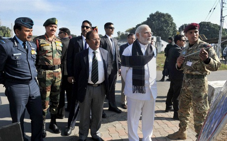 Prime Minister Narendra Modi watching a presentation on counter-terrorist and combing operations by the Defence forces at Pathankot airbase on Saturday. National Security Adviser Ajit Doval Chief of Army Staff General Dalbir Singh and Air Chief Marshal