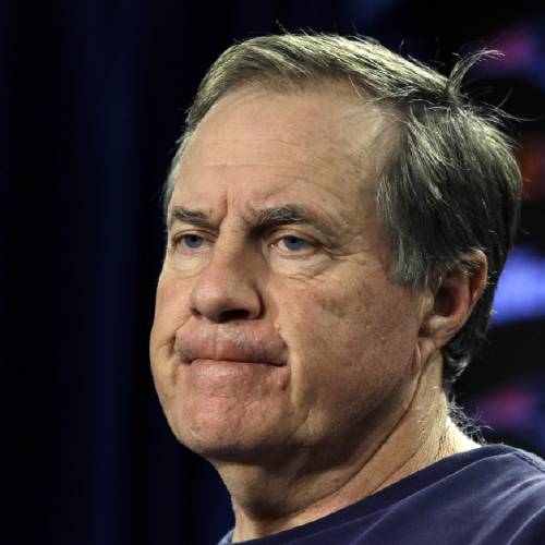 Patriots head coach Bill Belichick reacts at a news conference to wrap up the football team's NFL season Monday Jan. 25 2016 in Foxborough Mass. The Denver Broncos beat the Patriots 20-18 in Sunday's AFC Championship