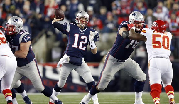 Tom Brady throws a pass during the second quarter against the Kansas City Chiefs in the AFC Divisional round playoff game at Gillette Stadium