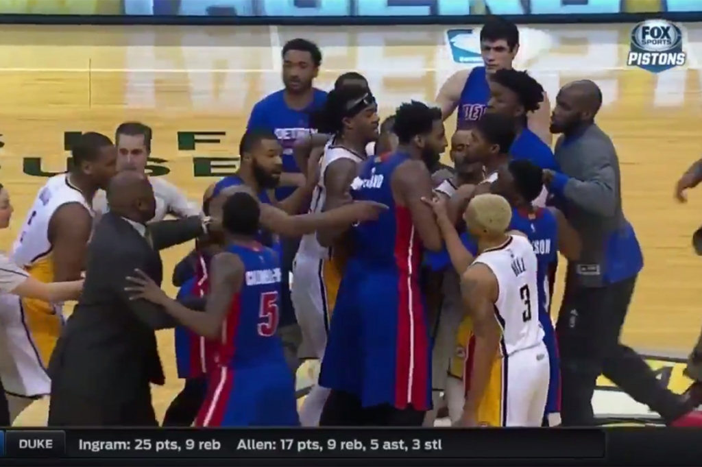 Paul George and Marcus Morris get into a scuffle after Pacers beat Pistons