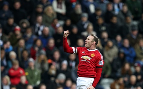 Manchester United's Wayne Rooney celebrates his goal during the English Premier League soccer match between Newcastle United and Manchester United at St James Park Newcastle England Tuesday Jan. 12 2015. | AP