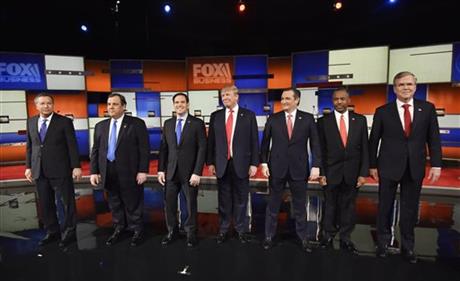 Republican presidential candidates from left John Kasich Chris Christie Marco Rubio Donald Trump Ted Cruz Ben Carson and Jeb Bush take the stage Jan. 14