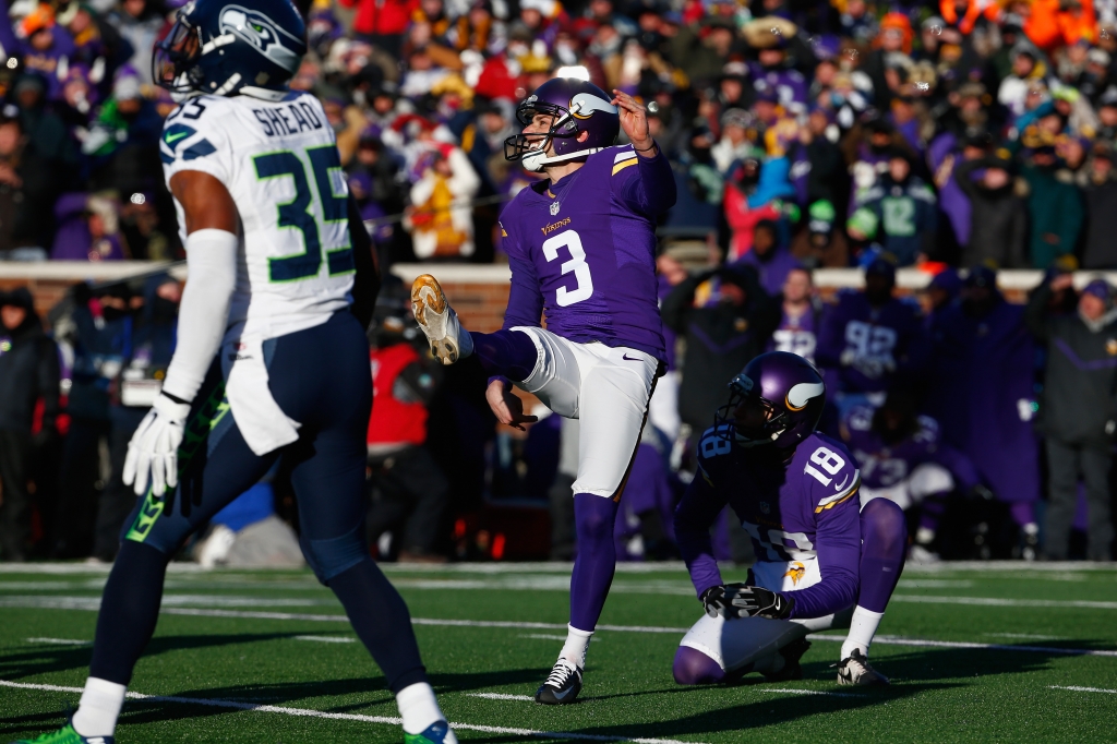 MINNEAPOLIS MN- JANUARY 10 Blair Walsh #3 of the Minnesota Vikings misses a 27-yard field goal in the fourth quarter against the Seattle Seahawks during the NFC Wild Card Playoff game at TCFBank Stadium