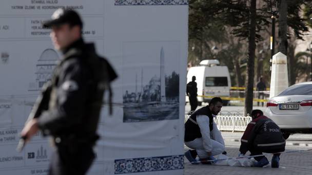 Police search for evidence in the Sultanahmet district after an explosion in Istanbul