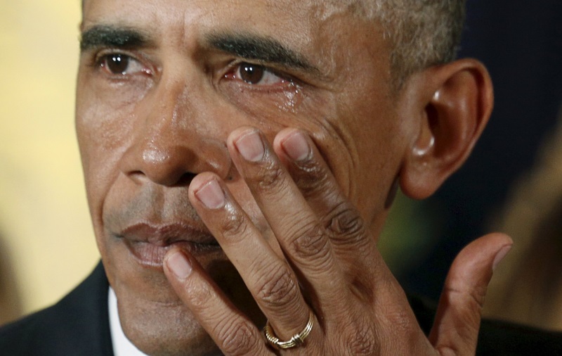 Barack Obama wipes away tears when talking about mass shootings and the deaths of children in the US