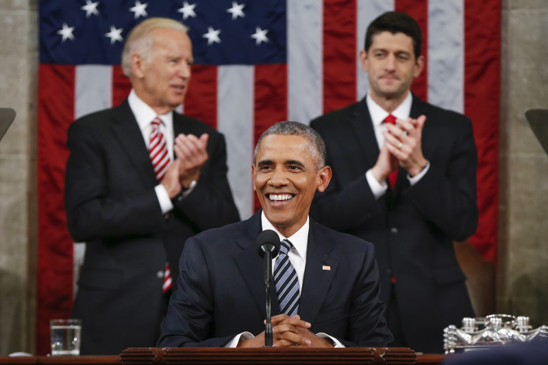 Vice President Joe Biden left and House Speaker Paul Ryan of Wisconsin applaud President Barack Obama during the State of the Union address before a joint session of Congress on Capitol Hill in Washington Tuesday Jan. 12 2016. (AP