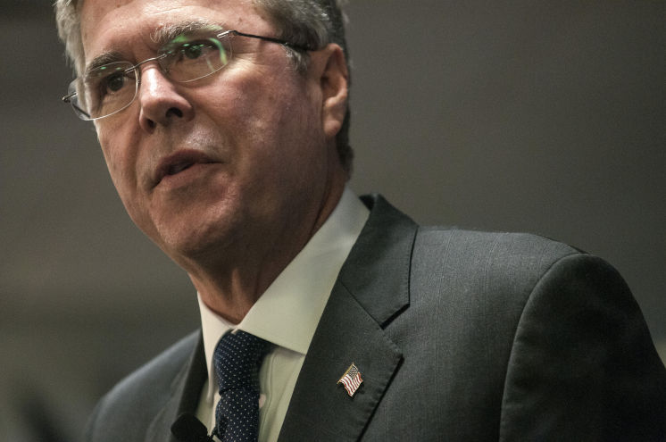 Republican presidential hopeful Jeb Bush speaks to to a group of Nationwide Insurance employees as part of a company speaker series at offices in Des Moines Iowa on Wednesday