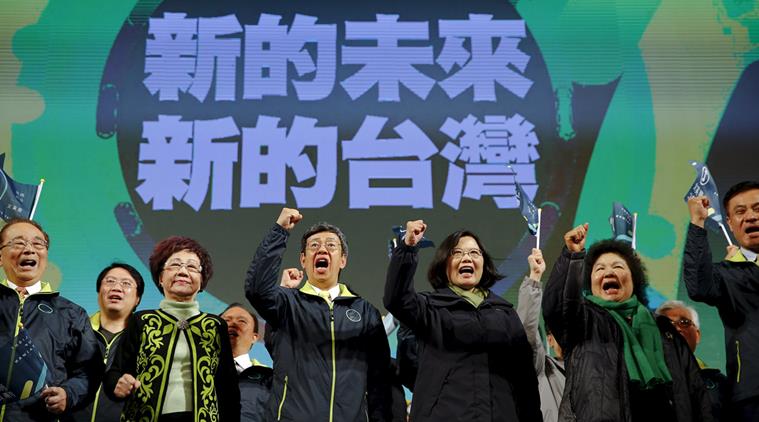 Democratic Progressive Party Chairperson and presidential candidate Tsai Ing-wen celebrates her election victory with other party members at the party's headquarters in Taipei Taiwan