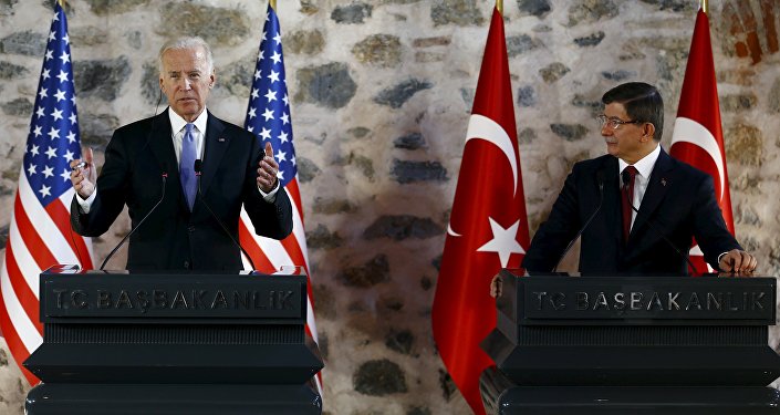 U.S. Vice President Joe Biden speaks during a joint news conference with Turkish Prime Minister Ahmet Davutoglu in Istanbul Turkey