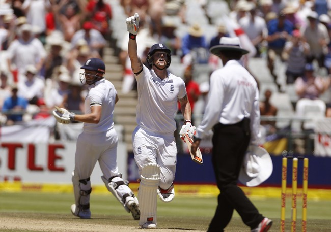 England's Ben Stokes react as he makes two hundred runs during their second cricket Test against South Africa in Cape Town South Africa Sunday Jan. 3 2016