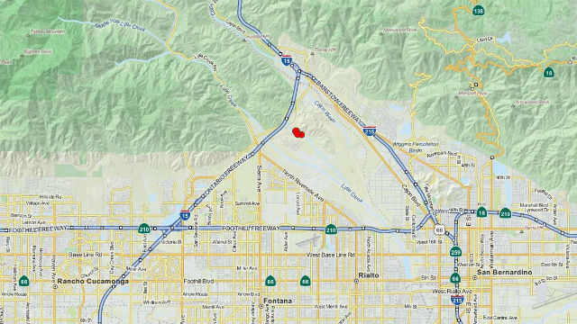 Red dots on USGS map show location of 4.4-magnitude earthquake and two aftershocks