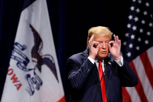 Republican candidate Donald Trump addresses the crowd during a campaign speech in Ottumwa Iowa