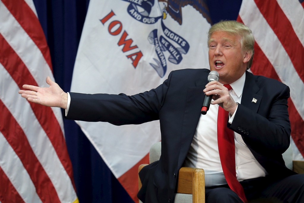 Republican presidential candidate Donald Trump speaks at a campaign rally in Sioux Center Iowa