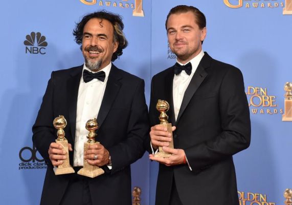 Alejandro Gonzalez Inarritu left and Leonardo Di Caprio pose