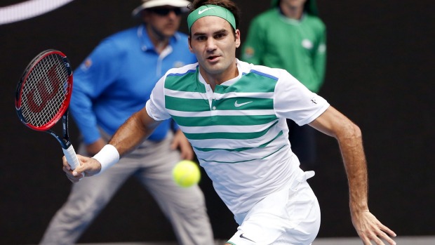 Roger Federer of Switzerland in action against Alexandr Dolgopolov of Ukraine