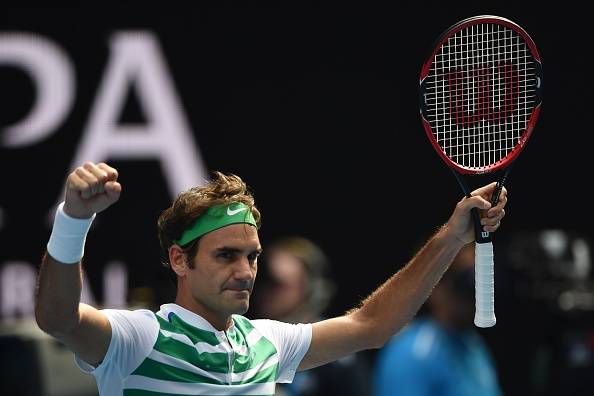 Roger Federer reatcs after beating Tomas Berdych on Tuesday