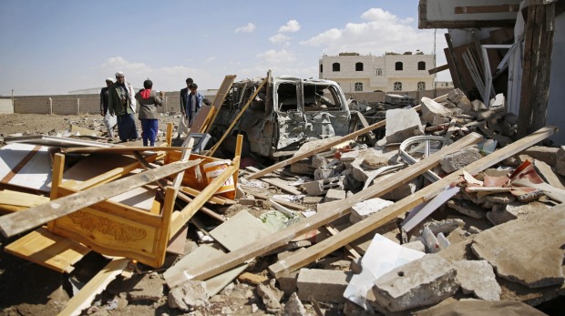 Rubble after an airstrike in Sanaa Yemen