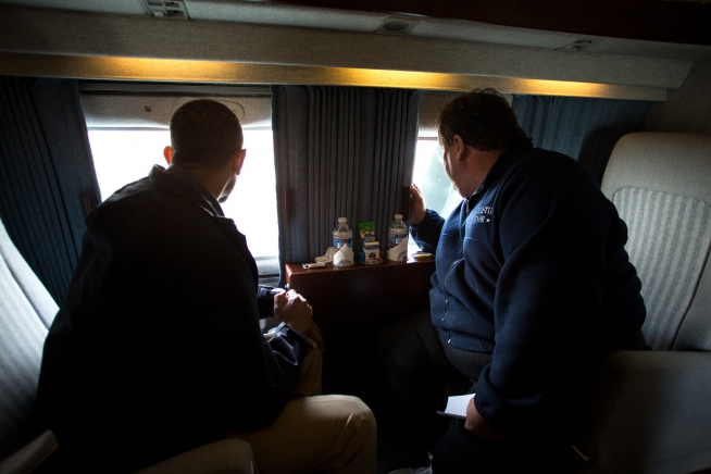 President Barack Obama and New Jersey Gov. Chris Christie look at storm damage along the coast of New Jersey on Marine One Oct. 31 2012