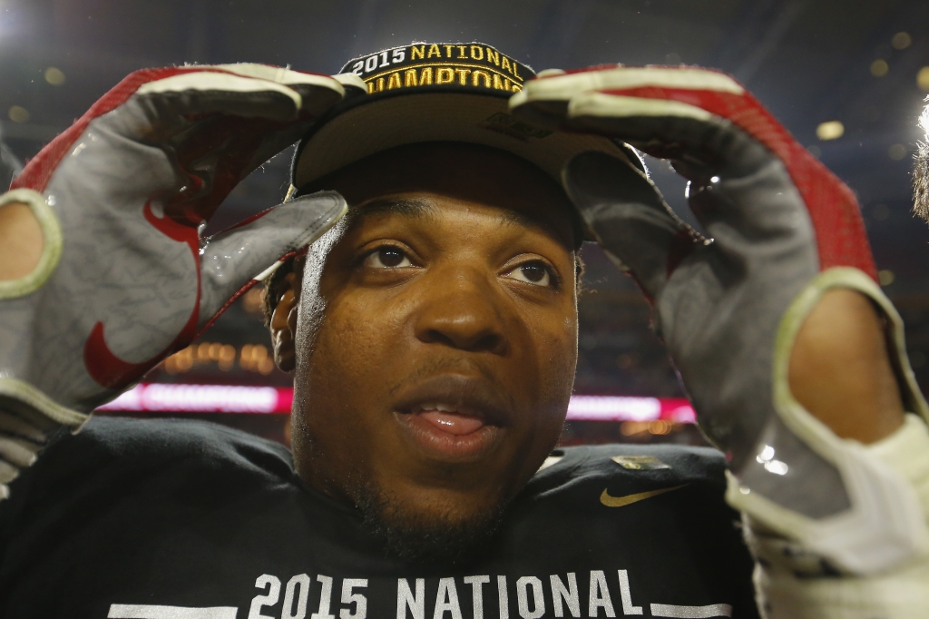 GLENDALE AZ- JANUARY 11 Derrick Henry #2 of the Alabama Crimson Tide celebrates after defeating the Clemson Tigers 45-40 in the 2016 College Football Playoff National Championship Game at University of Phoenix Stadium