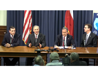 From left to right Texas U.S. Senator Ted Cruz Texas Governor Greg Abbott Texas Attorney General Ken Paxton and Texas Lieutenant Governor Dan Patrick. Abbott filed the original lawsuit against the deferred action programs in December of 2014 when he