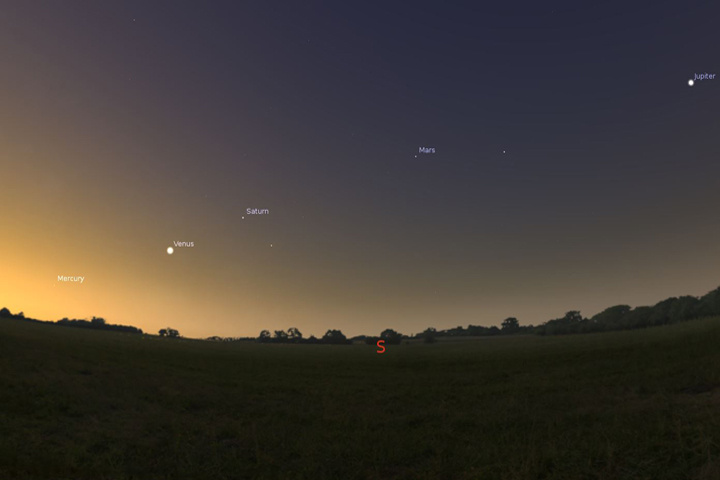 Using planetarium software Stellarium this illustration depicts the location of the five planets in the early morning of Jan. 20 2016