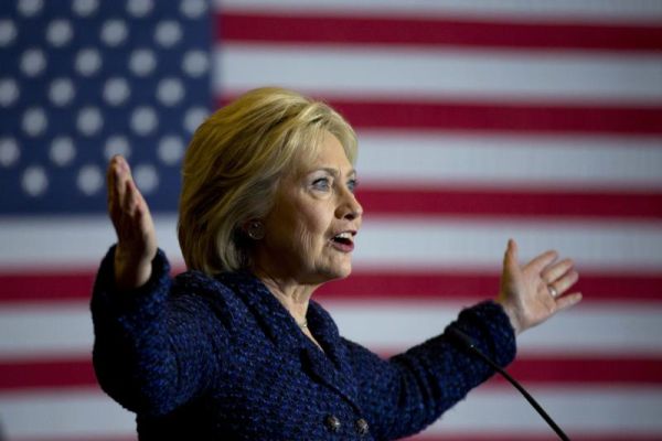 Democratic presidential candidate Hillary Clinton gestures while speaking