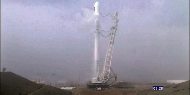 In an image provided by NASA TV SpaceX's Falcon 9 rocket with the Jason-3 satellite aboard is shown just before launch at Vandenberg Air Force Base