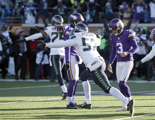 Minnesota Vikings kicker Blair Walsh reacts after missing a field goal during the second half against the Seattle Seahawks on Sunday in Minneapolis