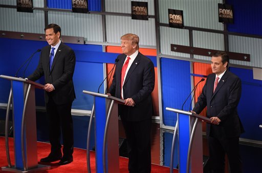 Republican presidential candidate Sen. Marco Rubio R-Fla. Republican presidential candidate businessman Donald Trump and Republican presidential candidate Sen. Ted Cruz R-Texas from left participate during the Fox Business Network Republican pres