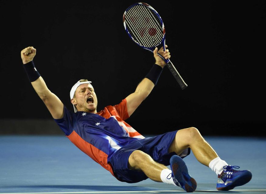 Australia's Lleyton Hewitt celebrates after victory in his