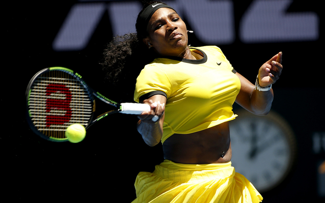 ASSOCIATED PRESS           Serena Williams of the United States makes a forehand return to Camila Giorgi of Italy during their first round match at the Australian Open tennis championships in Melbourne Australia Monday