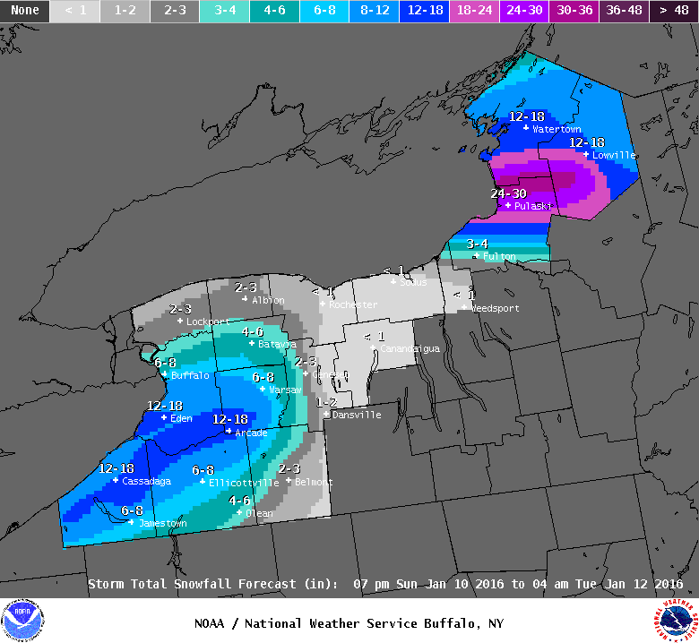 Snowfall totals expected in Western New York between 7 p.m. Sunday and 4 a.m. Tuesday