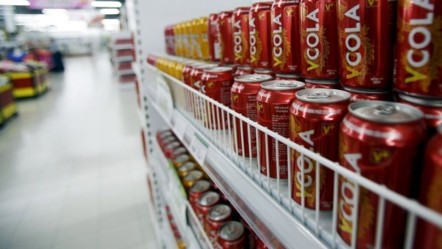 Soft drinks are displayed for sale at a V+ supermarket in Hanoi Vietnam