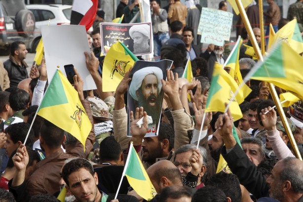 Shi'ites protest against the execution of Shi'ite Muslim cleric Nimr al Nimr in Saudi Arabia during a demonstration in Baghdad