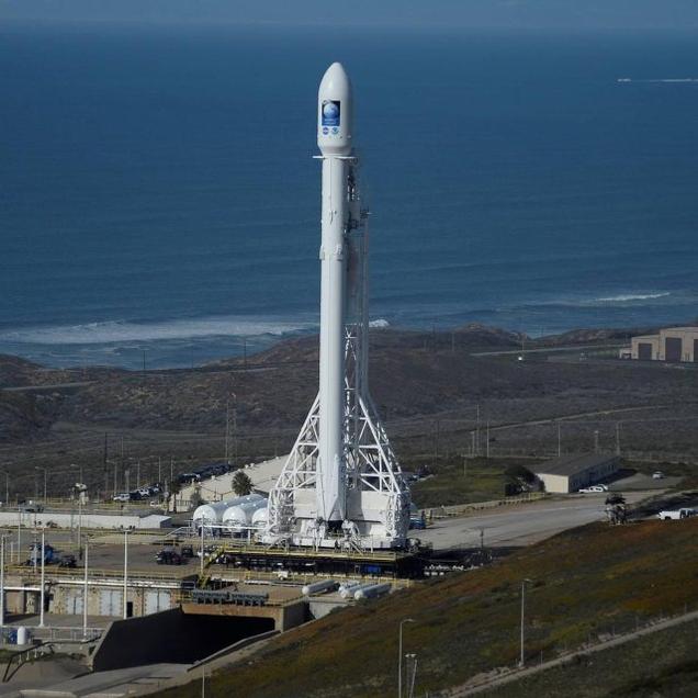 A SpaceX Falcon 9 rocket with the Jason-3 spacecraft onboard is shown at Vandenberg Air Force Base Space Launch Complex 4 East in Vandenberg Air Force Base California