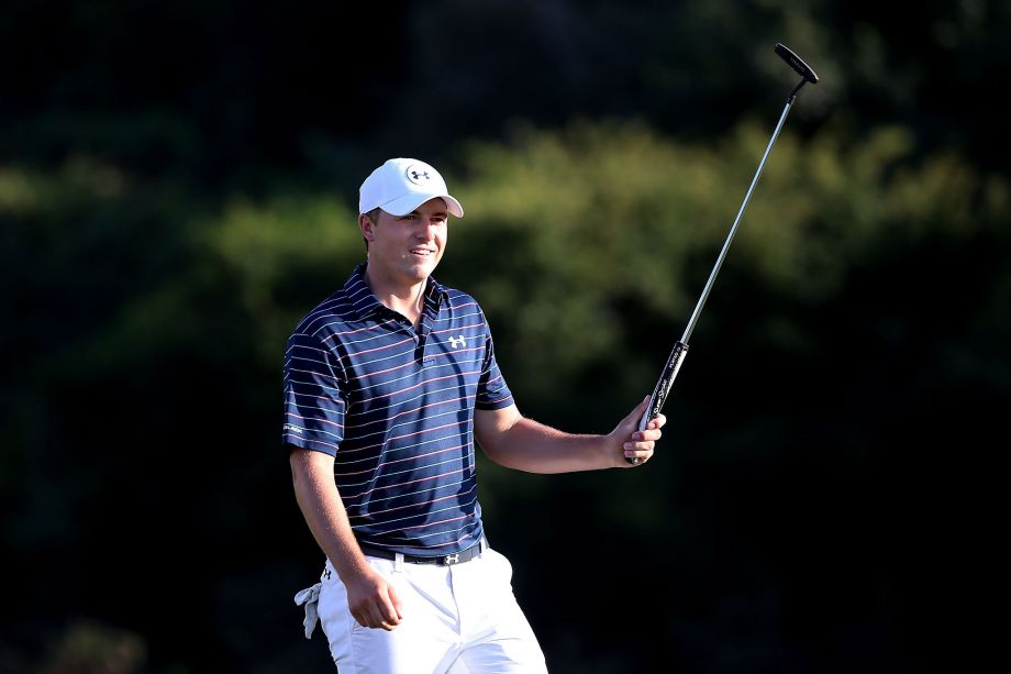 Jordan Spieth celebrates after putting for birdie to go 30 under at the Tournament of Champions in Lahaina Hawaii