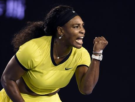 Serena Williams of the United States celebrates after winning a point against Agnieszka Radwanska of Poland during their semifinal match at the Australian Open tennis championships in Melbourne Australia Thursday