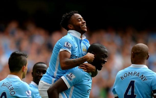 Sterling celebrates his first goal for City against Watford