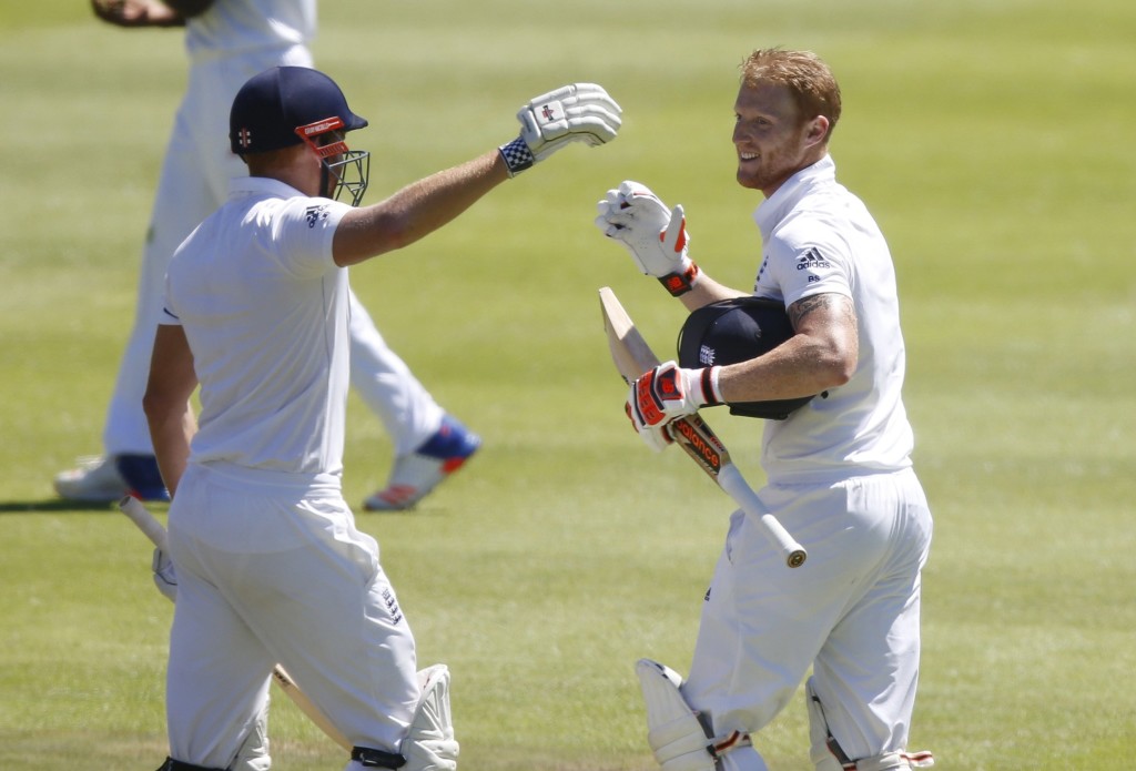 England’s Ben Stokes celebrates scoring a century with Jonny Bairstow during the second cricket test match against South Africa in Cape Town South Africa